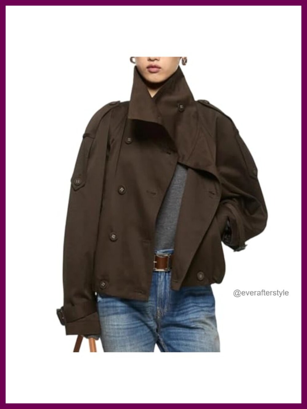 Cropped Trench Coat Funnel Neck Double Breasted Pleated Hem Pockets